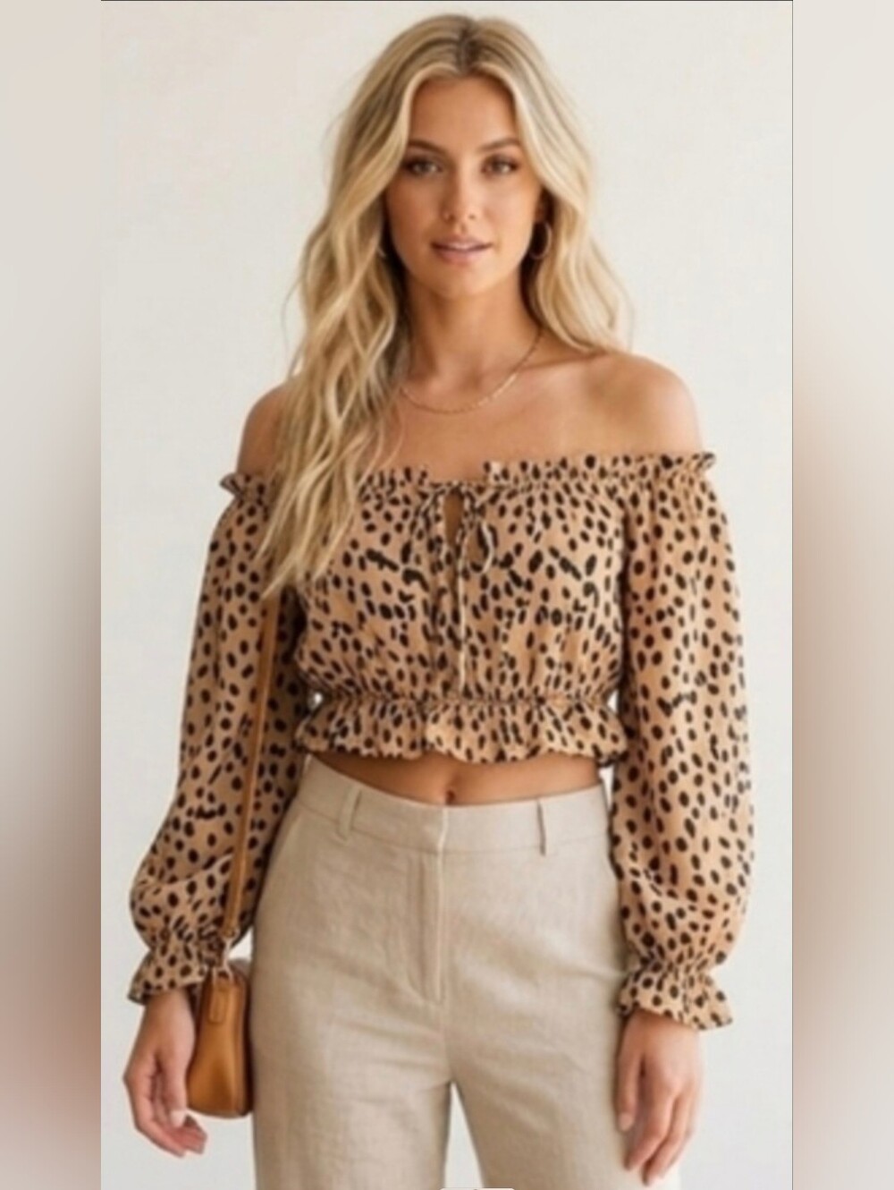 Forever 21 Women Cheetah Print Off-the-Shoulder Cropped Blouse Top, Size Medium